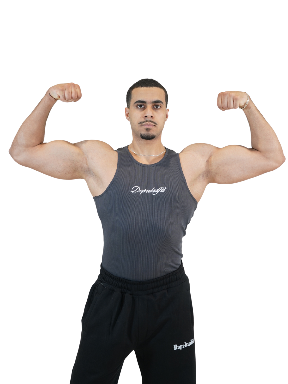 Script Ribbed Tank Charcoal Grey