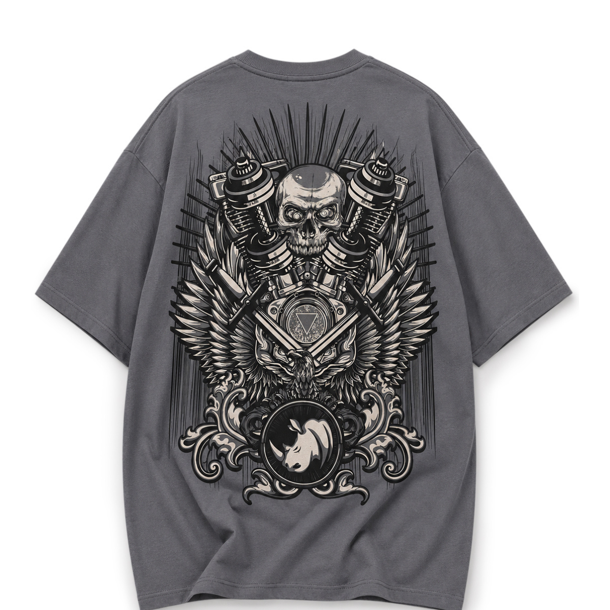 Mechanical Skull Oversized Tee Charcoal Grey