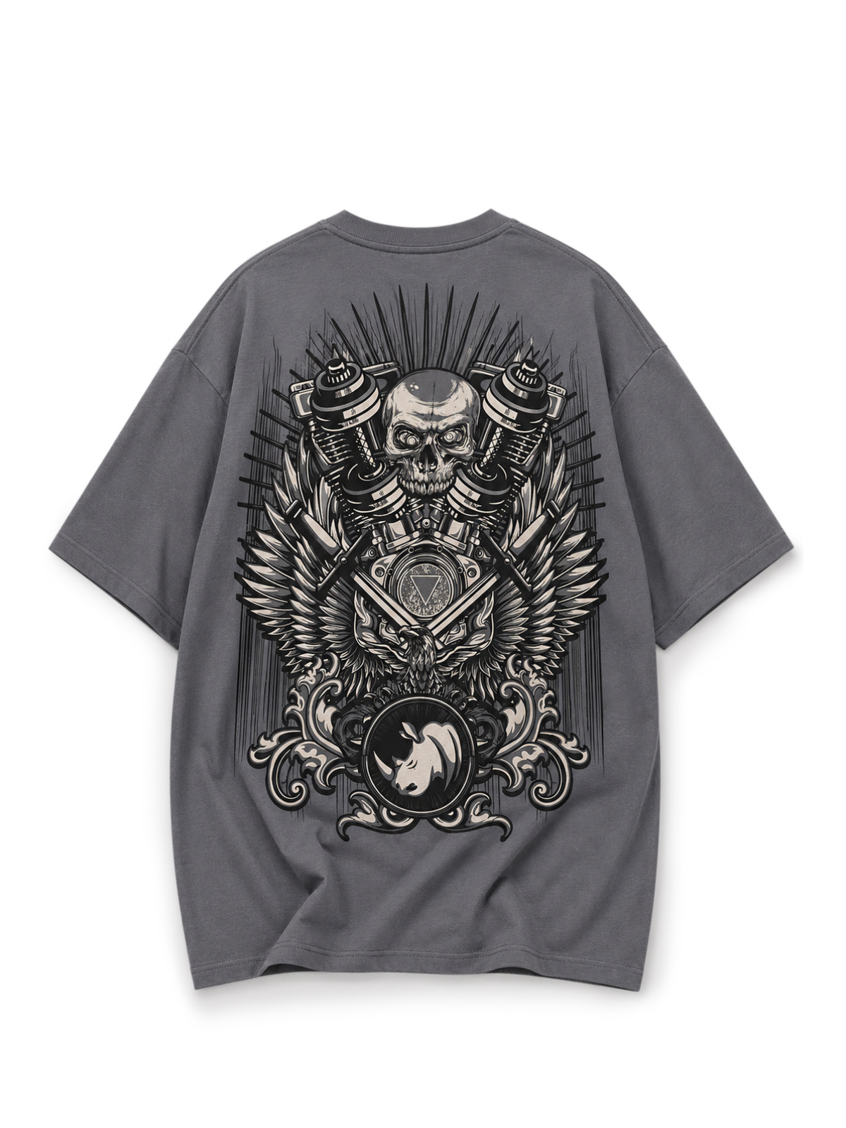 Mechanical Skull Oversized Tee Charcoal Grey