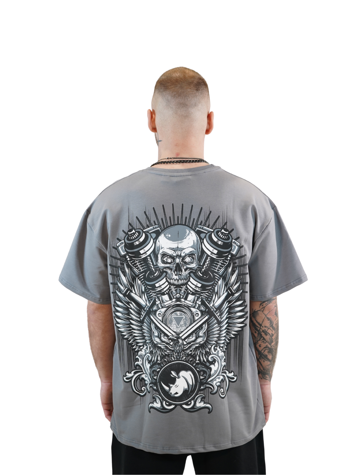 Mechanical Skull Oversized Tee Charcoal Grey