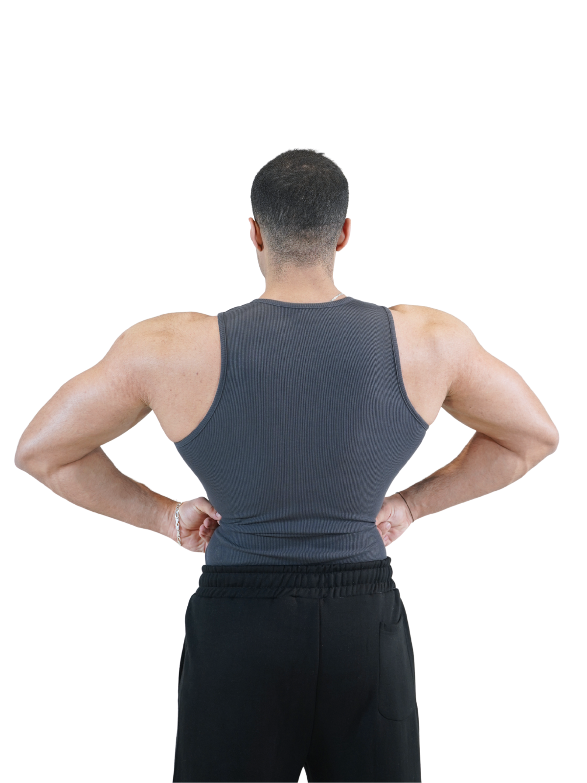 Script Ribbed Tank Charcoal Grey
